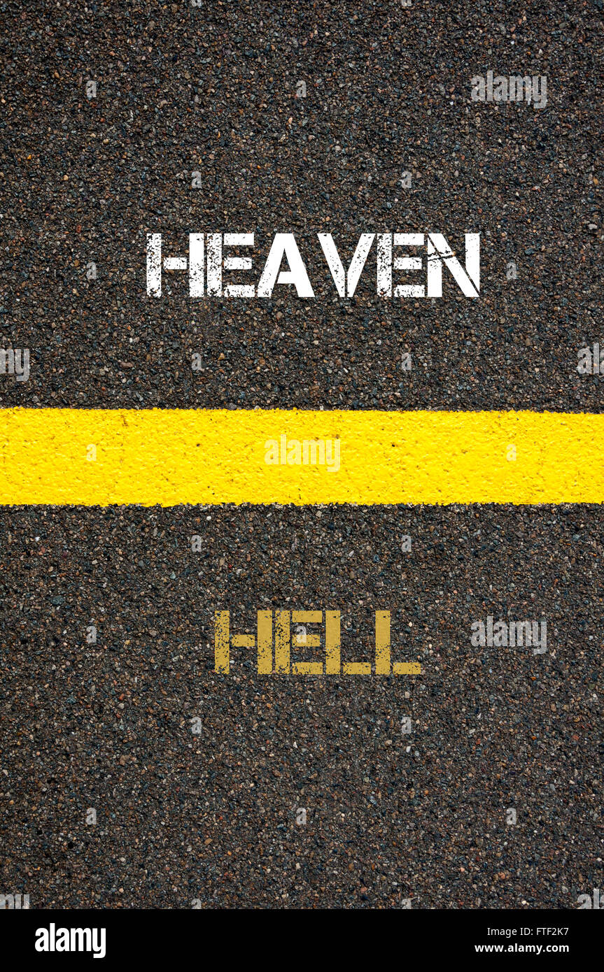 Heaven or hell - two sign posts pointing in opposite directions, one  upwards to paradise the other one downwards for the the bad, evil, wicked,  sinful people. Isolated vector over white. Stock