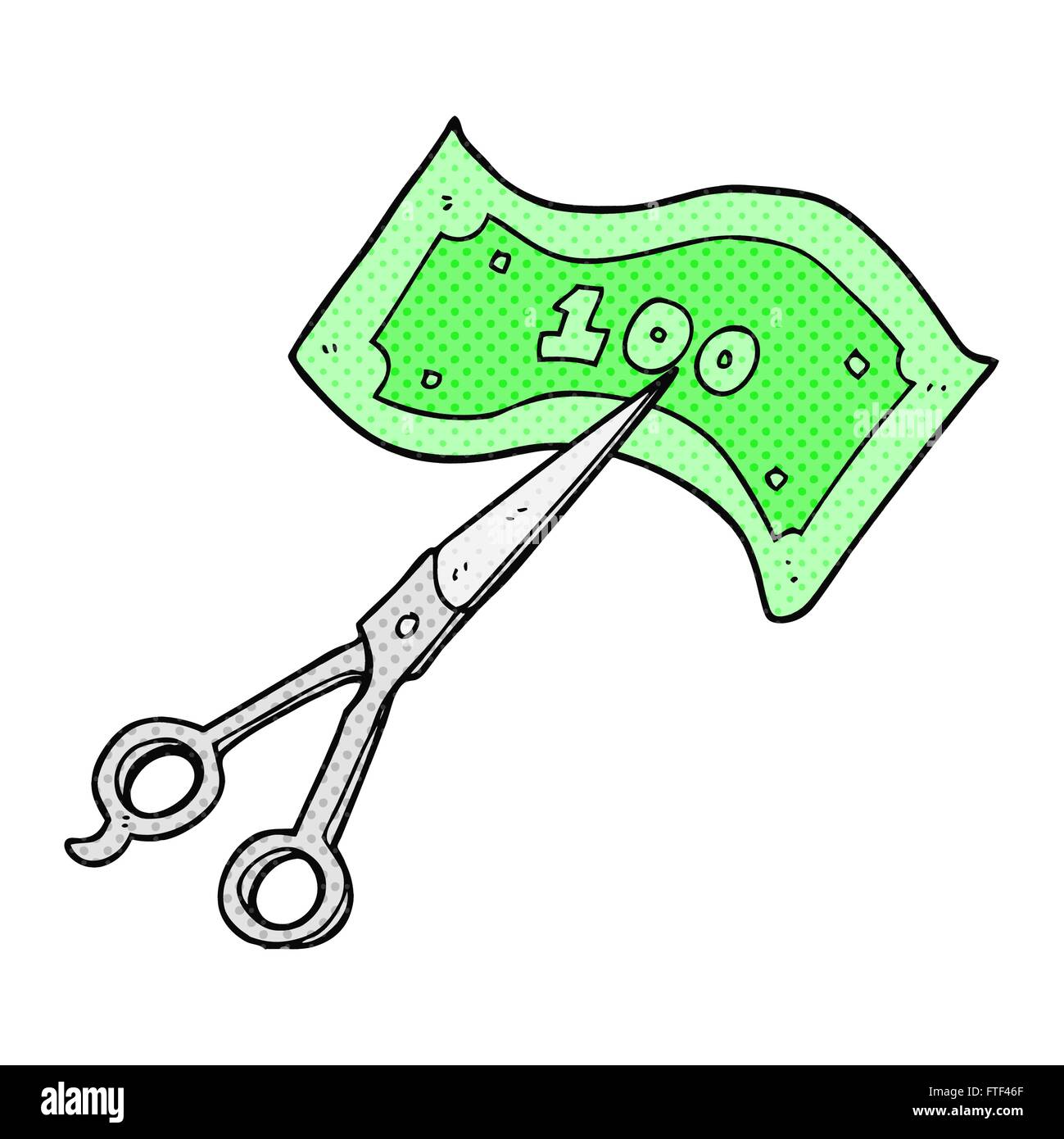 freehand drawn comic book style cartoon scissors cutting money Stock