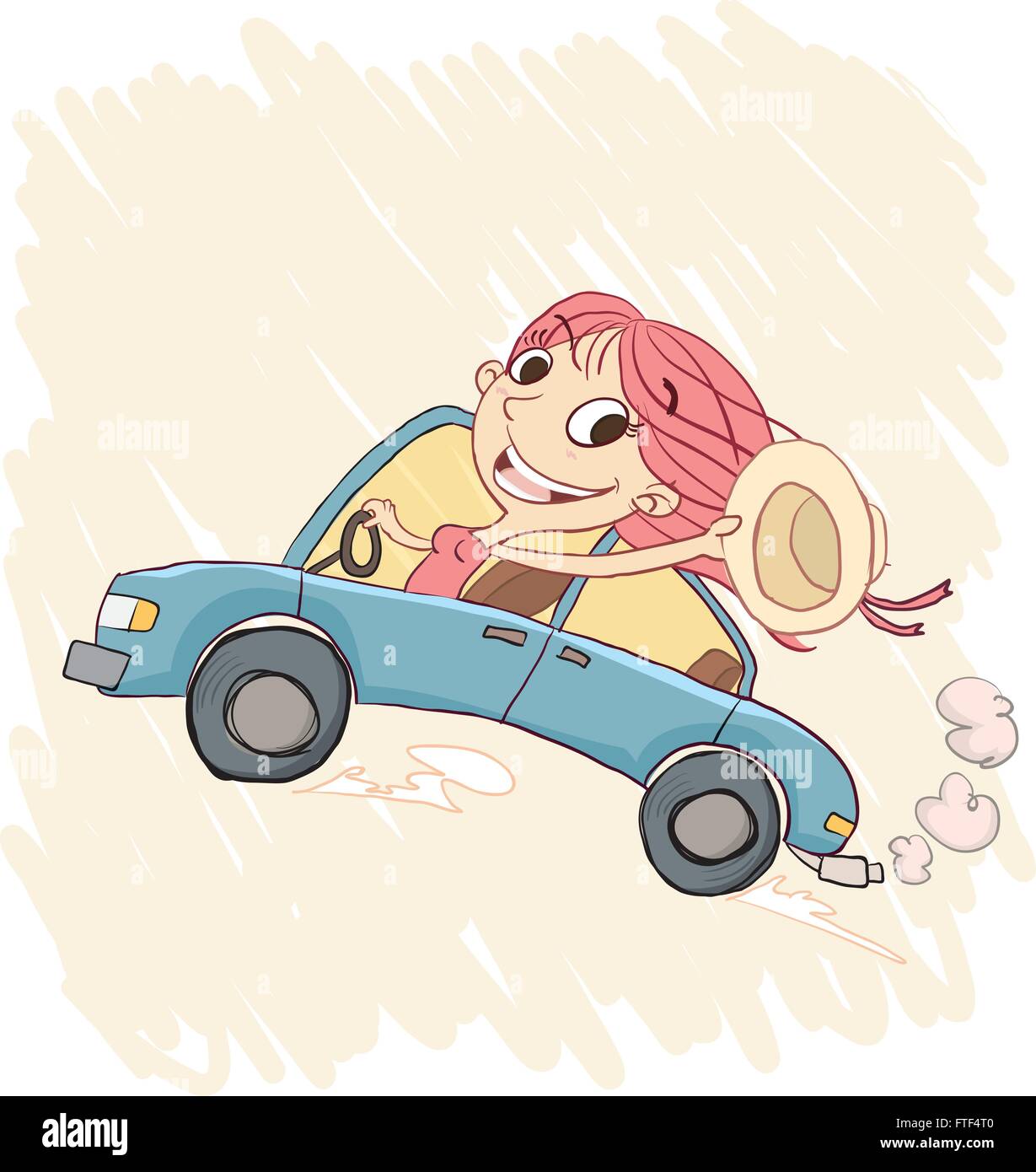 Cartoon happy girl driving a car and waving hat Stock Vector Image & Art -  Alamy