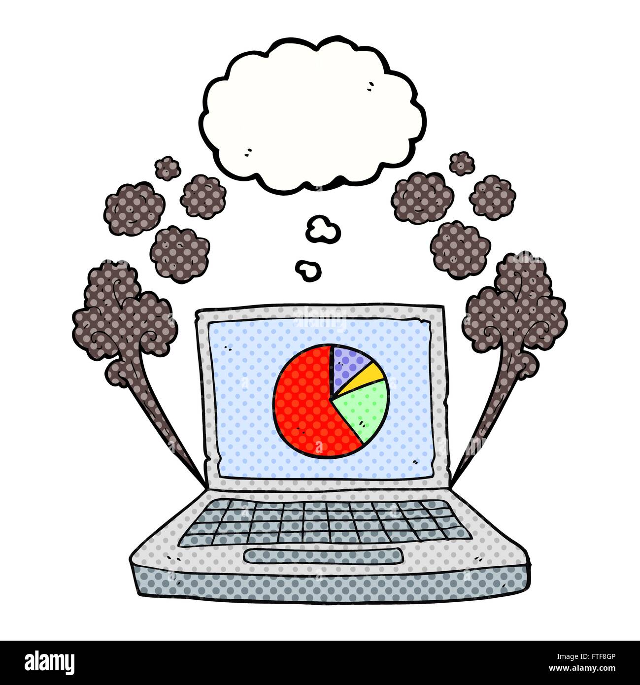 freehand drawn thought bubble cartoon laptop computer with pie chart ...