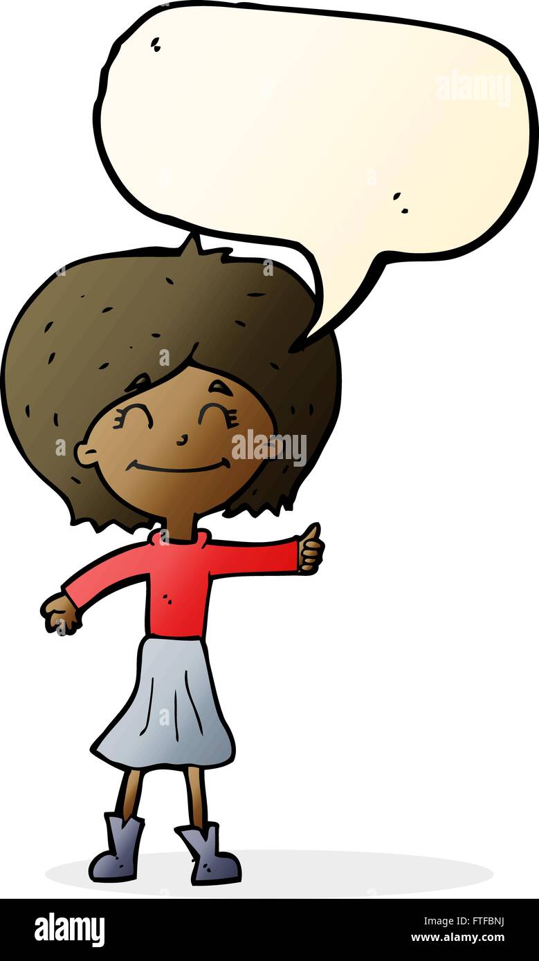 cartoon happy girl giving thumbs up symbol with speech bubble Stock ...