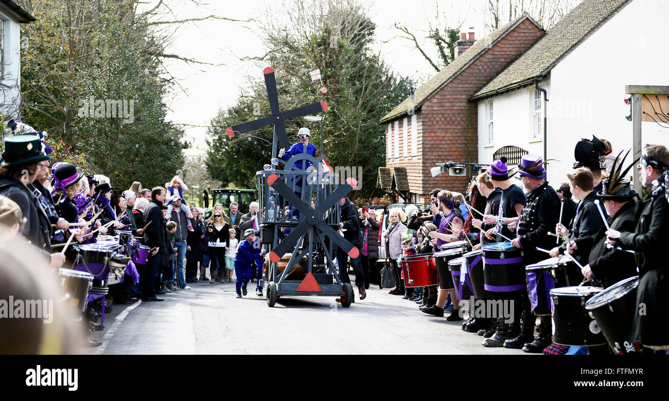 Bolney, Sussex, UK. 28th March, 2016.  This pram called Take Off Unlikely takes part in the Bolney Pram Races held every year on Easter Bank Holiday Monday . This year they are raising money for Chailey Heritage and the Service by Emergency Rider Services charities  Credit:  Simon Dack/Alamy Live News Stock Photo