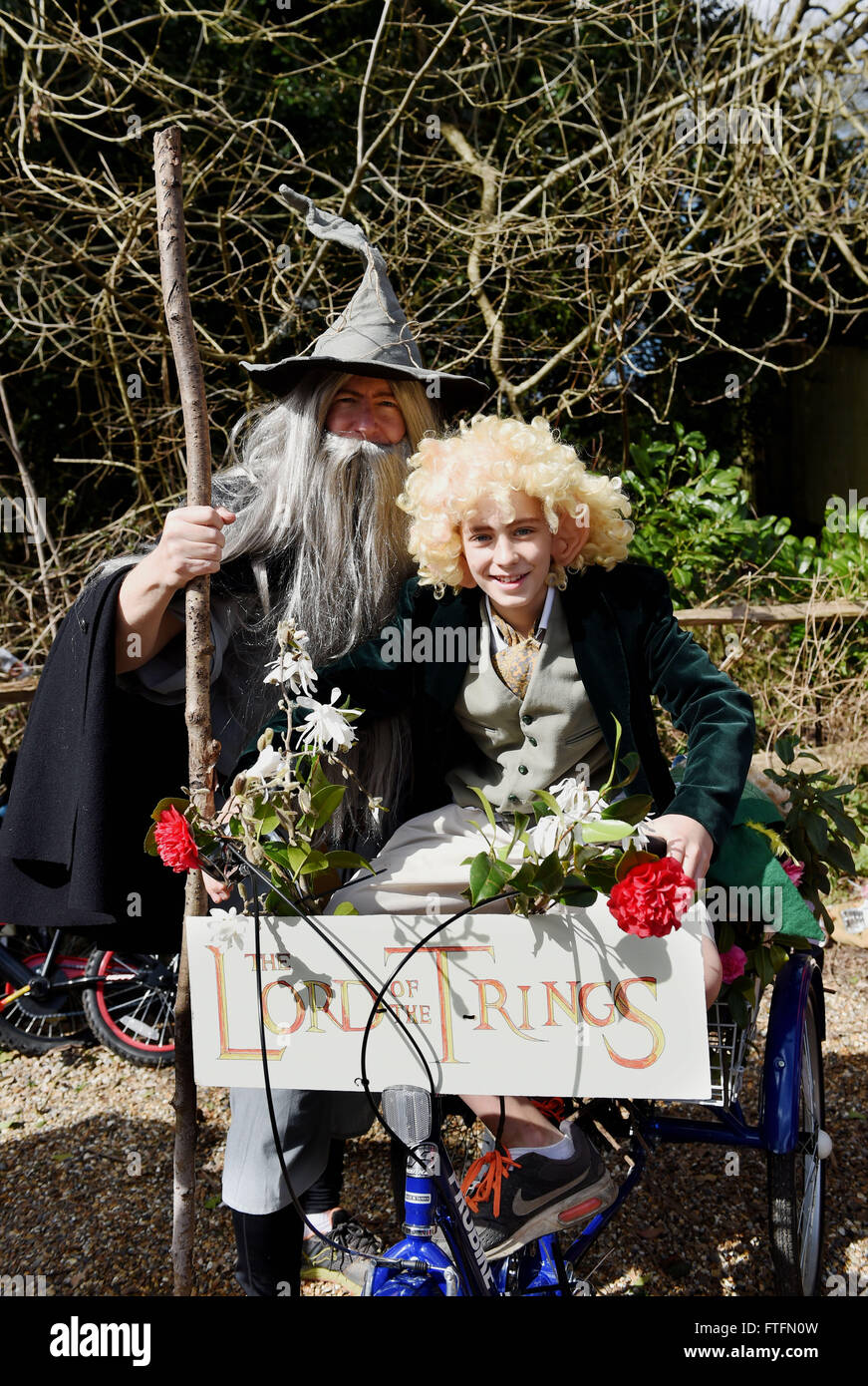 Bolney, Sussex, UK. 28th March, 2016.  Mark and Christian Streater with their entry Lord of the Trings take part in the Bolney Pram Races held every year on Easter Bank Holiday Monday . This year they are raising money for Chailey Heritage and the Service by Emergency Rider Services charities  Credit:  Simon Dack/Alamy Live News Stock Photo