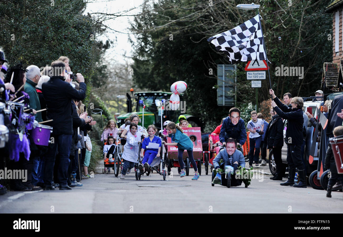 Bolney, Sussex, UK. 28th March, 2016.  The start of the Juniors race in the Bolney Pram Races held every year on Easter Bank Holiday Monday . This year they are raising money for Chailey Heritage and the Service by Emergency Rider Services charities  Credit:  Simon Dack/Alamy Live News Stock Photo