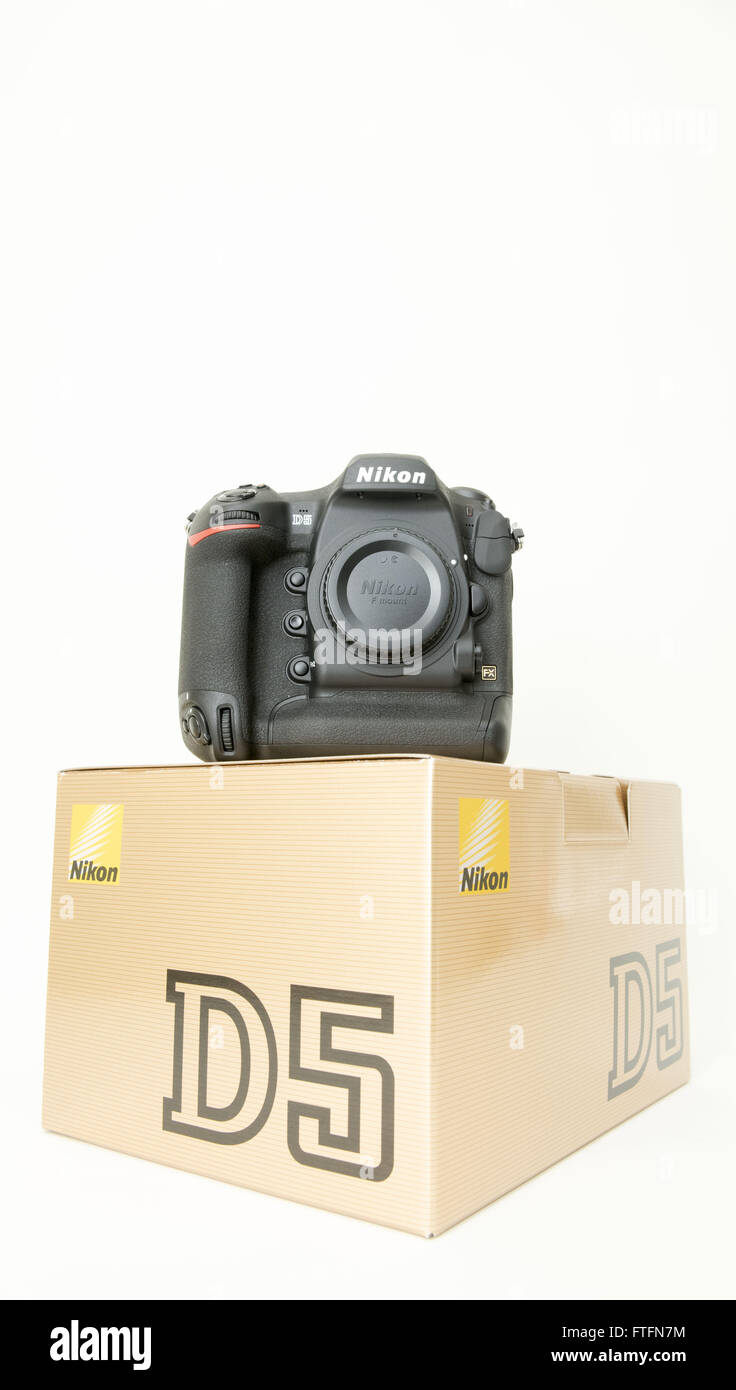 Los Angeles, California, USA. 27th Mar, 2016. Camera maker Nikon began to release and ship out the company's latest professional grade camera body on Wednesday March 23, 2016, shipping first to their NPS, or Nikon Professional Service members. The cameras features upgrades over the latest D4s with a lager digital file at 20 megs, faster frame rate at 12 frames per second and increased sensitivity in ISO ratings. The camera retails for a list price of $6,499.95. © David Bro/ZUMA Wire/Alamy Live News Stock Photo