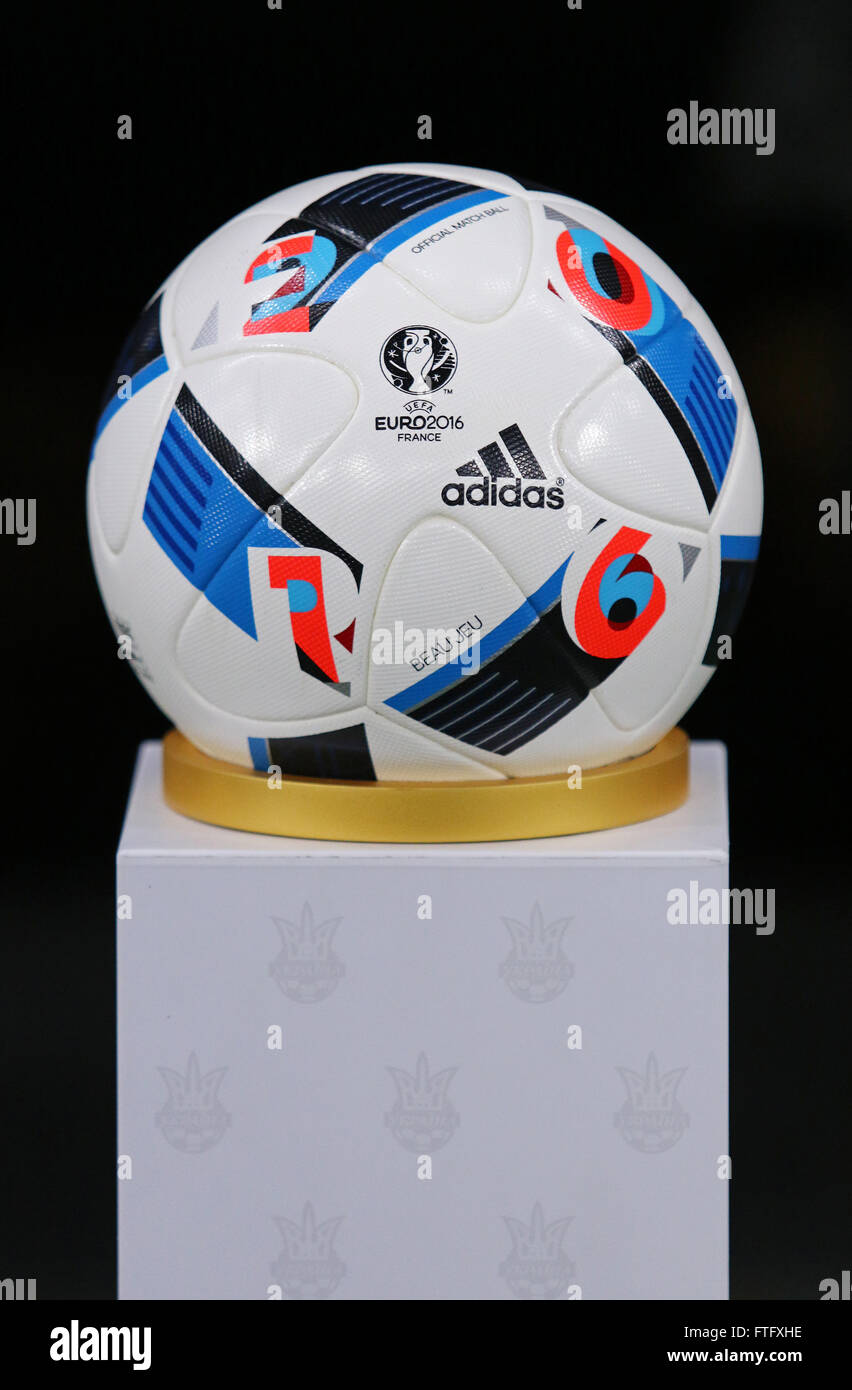 Kyiv, Ukraine. 28th March, 2016. Official match ball of the UEFA EURO 2016  Tournament (Adidas Beau Jeu) on pedestal before Friendly match between  Ukraine and Wales at NSC Olympic stadium in Kyiv,