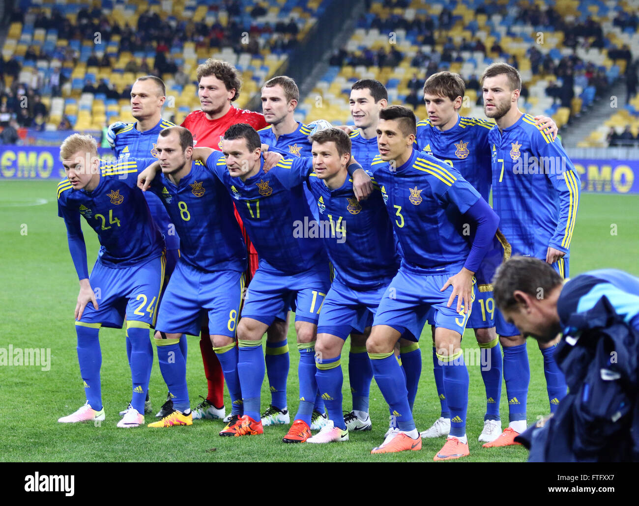 Kyiv, Ukraine. 28th March, 2016. Players of Ukraine National Team pose for a group photo before the Friendly match against Wales at NSC Olympic stadium in Kyiv, Ukraine. Credit:  Oleksandr Prykhodko/Alamy Live News Stock Photo