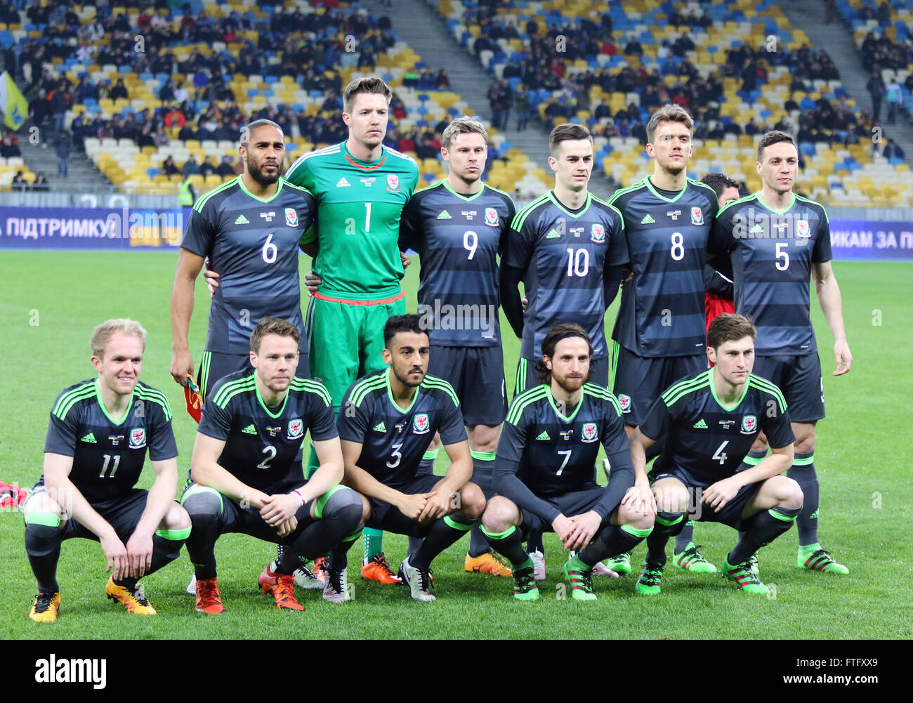 Kyiv, Ukraine. 28th March, 2016. Players of Wales National Team pose for a group photo before the Friendly match against Ukraine at NSC Olympic stadium in Kyiv, Ukraine. Credit:  Oleksandr Prykhodko/Alamy Live News Stock Photo
