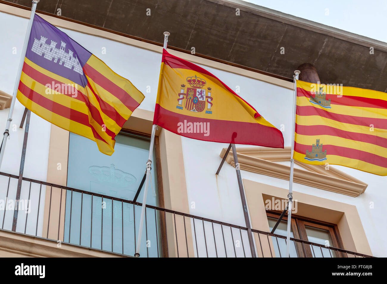 Flags in a goverment building,Ibiza-Eivissa,Balearic Islands,Spain. Stock Photo