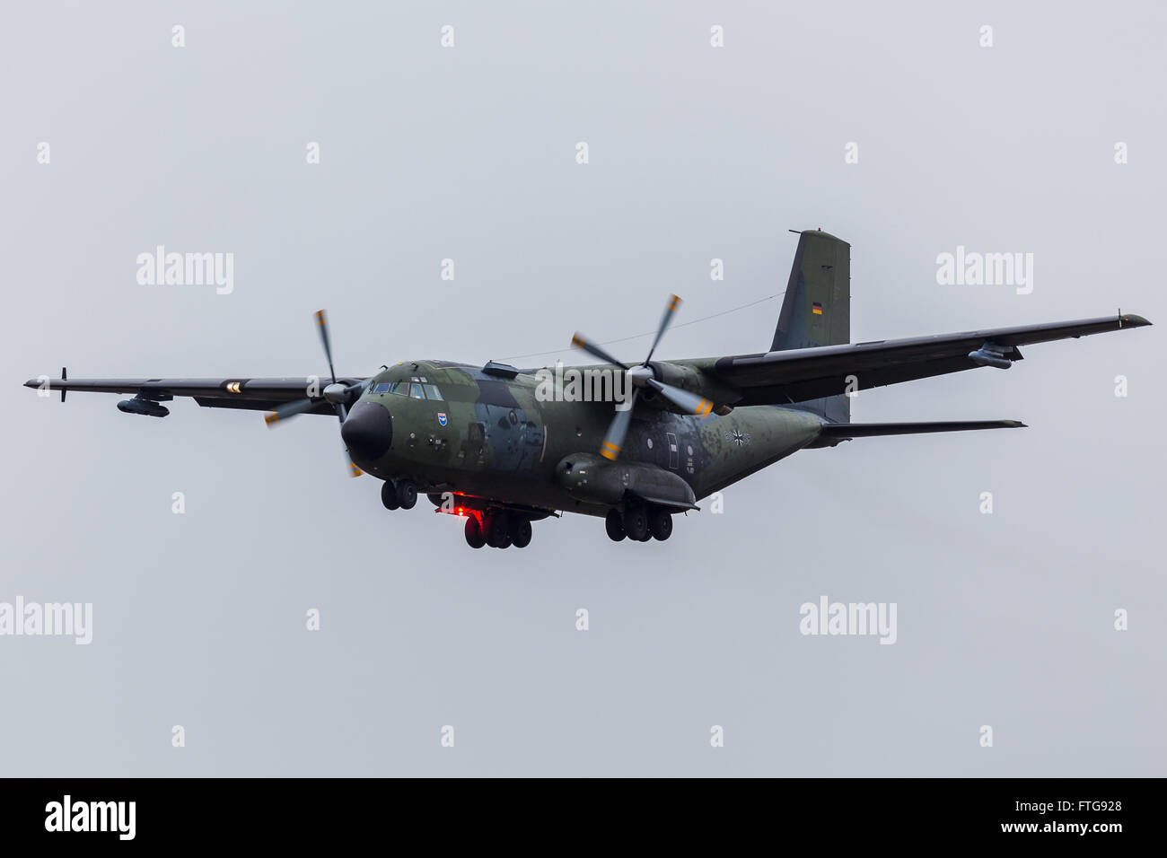 German C-160 Transall descends into RAF Coningsby. Stock Photo
