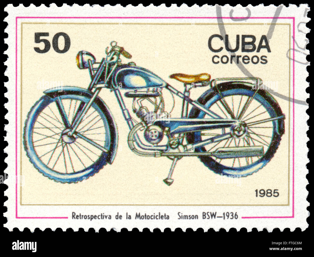 BUDAPEST, HUNGARY - 18 march 2016:  a stamp printed in CUBA shows a Simson BSW, 1936,  series of images 'Vintage Motorcycle' , c Stock Photo