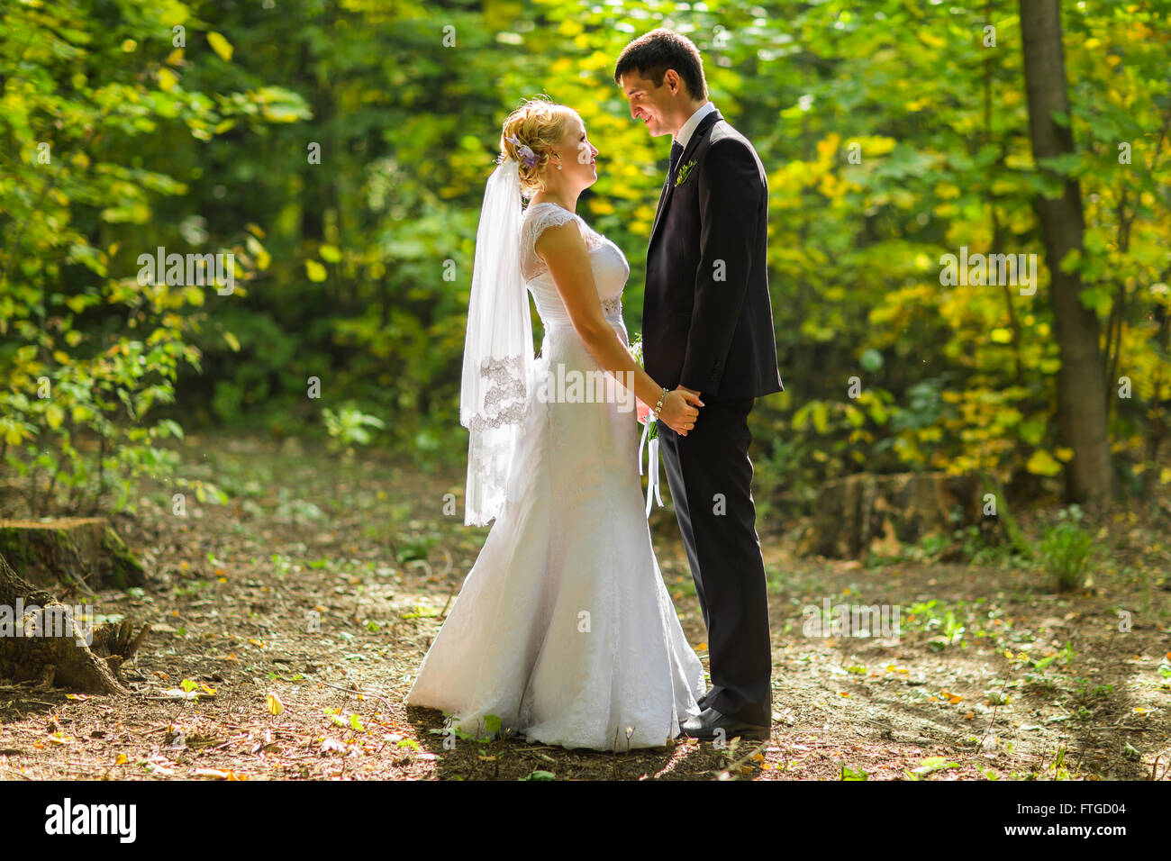Bride and groom holding hands outdoors Stock Photo - Alamy