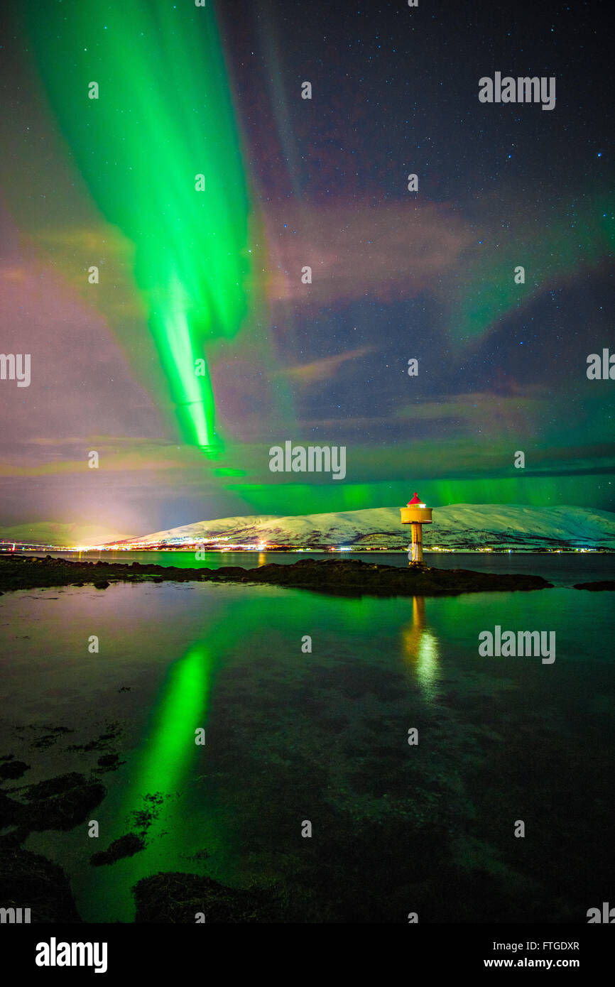 Aurora Borealis dancing over fjord, Tromso Northern Norway Stock Photo ...