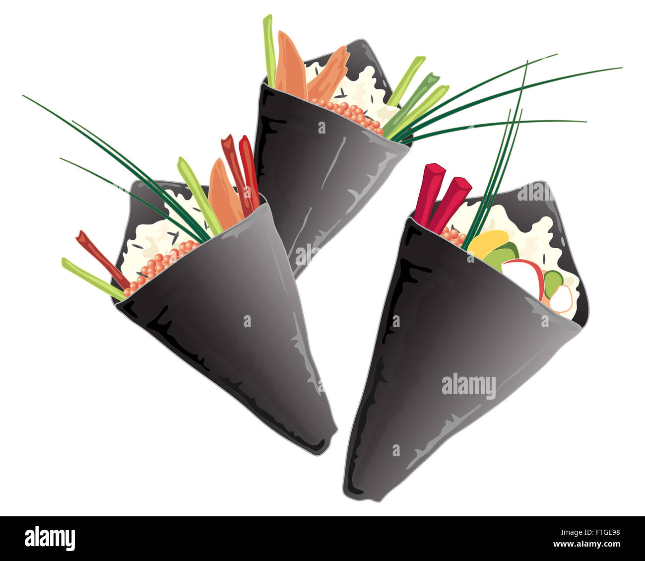 an illustration of a variety of sushi cones with wild rice salmon vegetables and chives on a white background Stock Photo