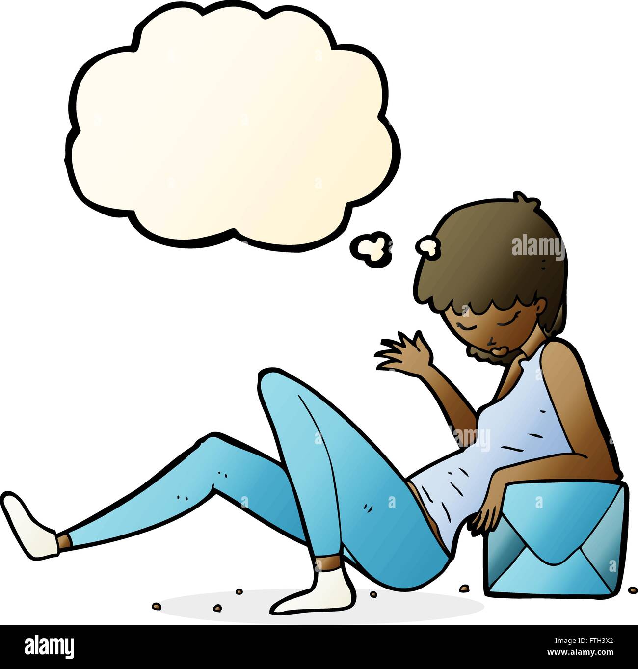 cartoon woman leaning on package box with thought bubble Stock Vector