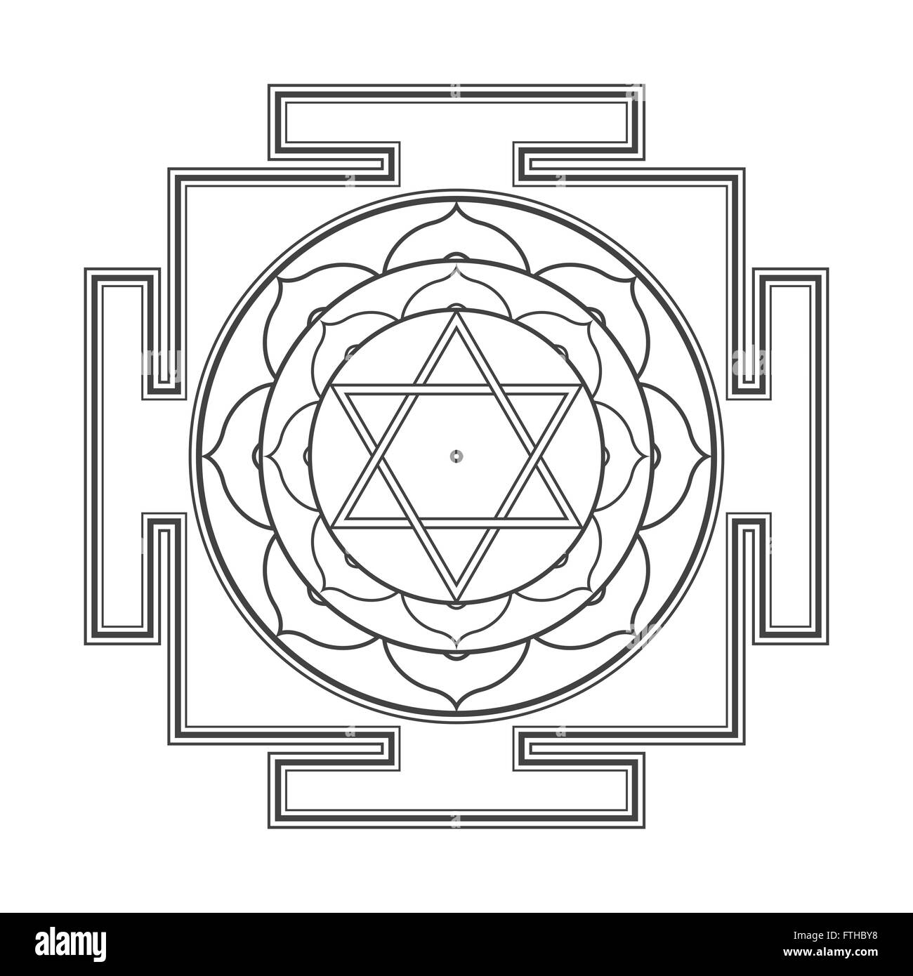 vector black outline hinduism Bhuvaneshwari yantra Prakriti illustration sacred diagram isolated on white background Stock Vector