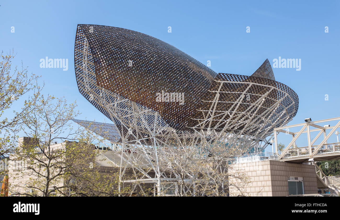'El Peix' - The Fish, sculpture by Frank Gehry in Barceloneta, Barcelona Stock Photo