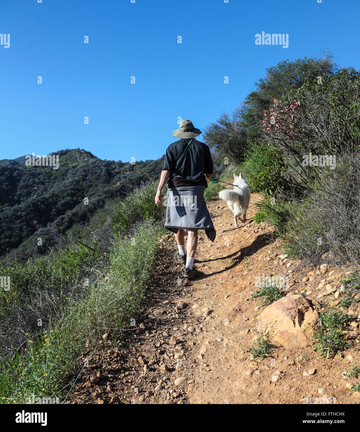 Hiker and dog walk up the Rivas Canyon Trail in the Santa Monica Mountains, accessed from Temescal Gateway Park Stock Photo