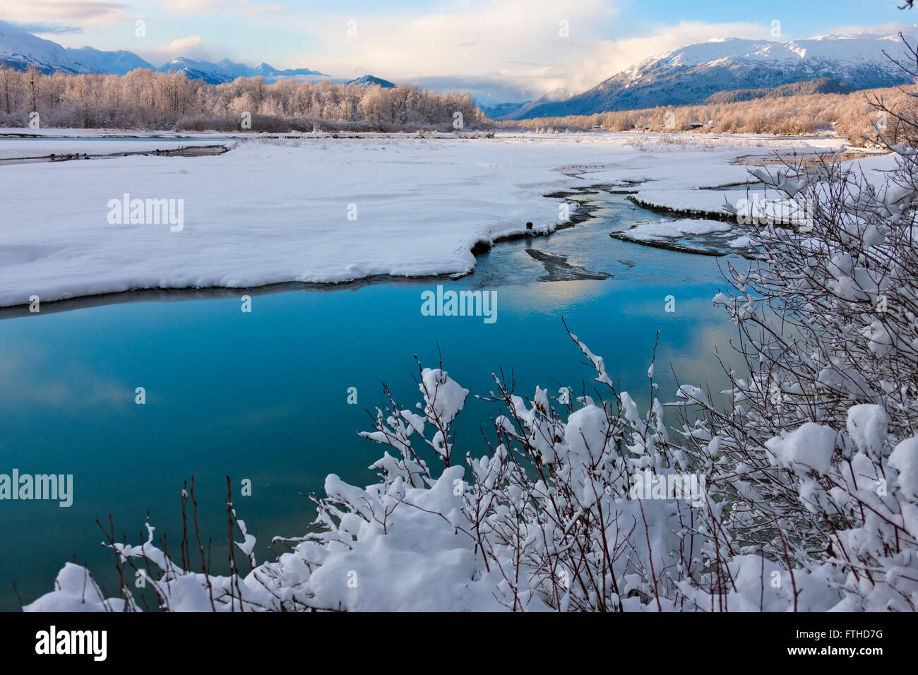 Landscape of river and forest covered with snow, Haines, Alaska, USA Stock Photo