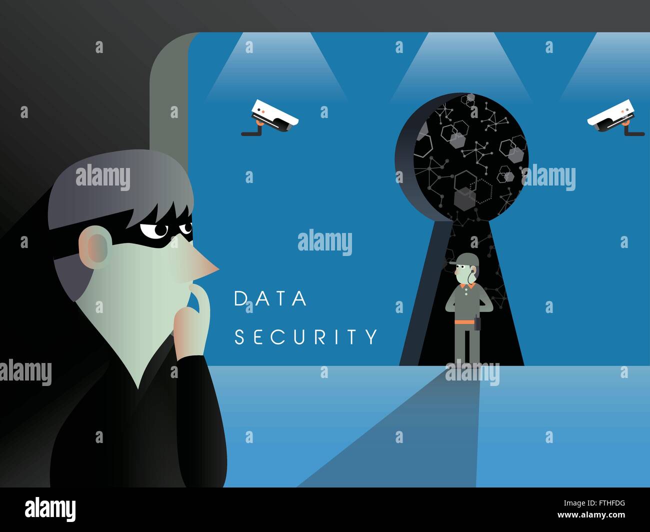 data security concept in flat design with theft and security guards Stock Vector