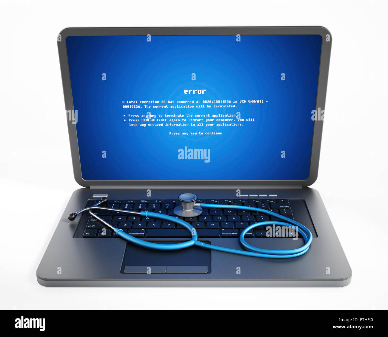 Stethoscope on laptop computer with a blue screen error on the display ...