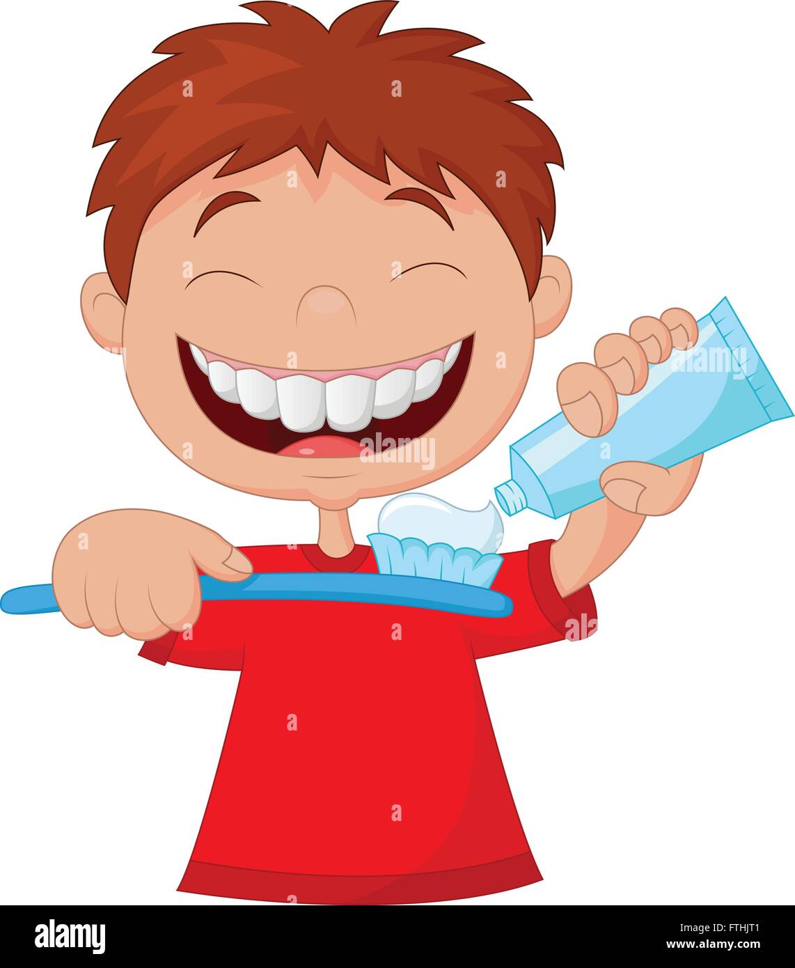 Kid squeezing tooth paste on a toothbrush Stock Vector