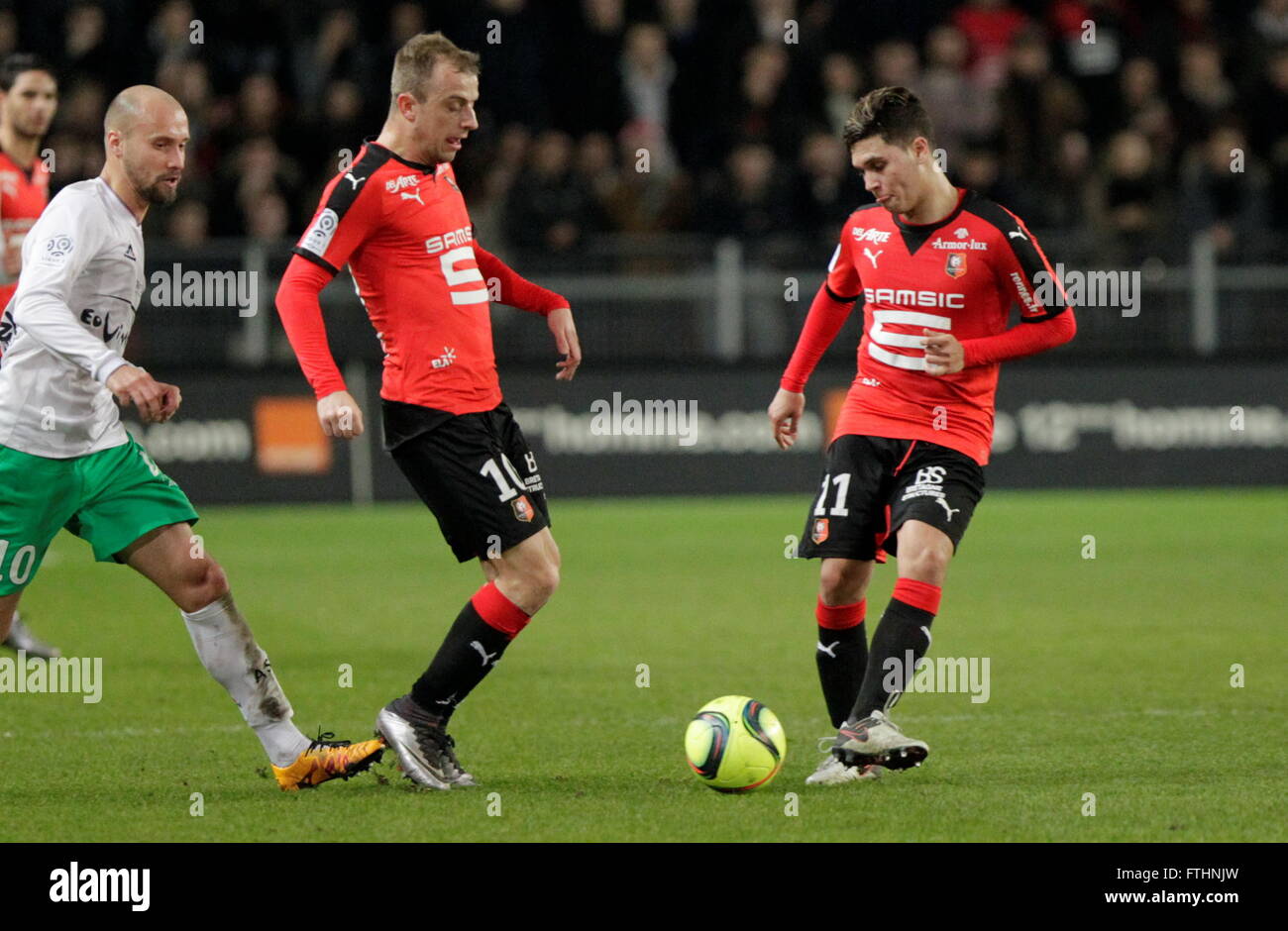 Kamil Grosicki and Juan Fernando Quintero when one league match Stade Rennais - AS Saint Etienne February 4, 2016 at Roazhon par Stock Photo