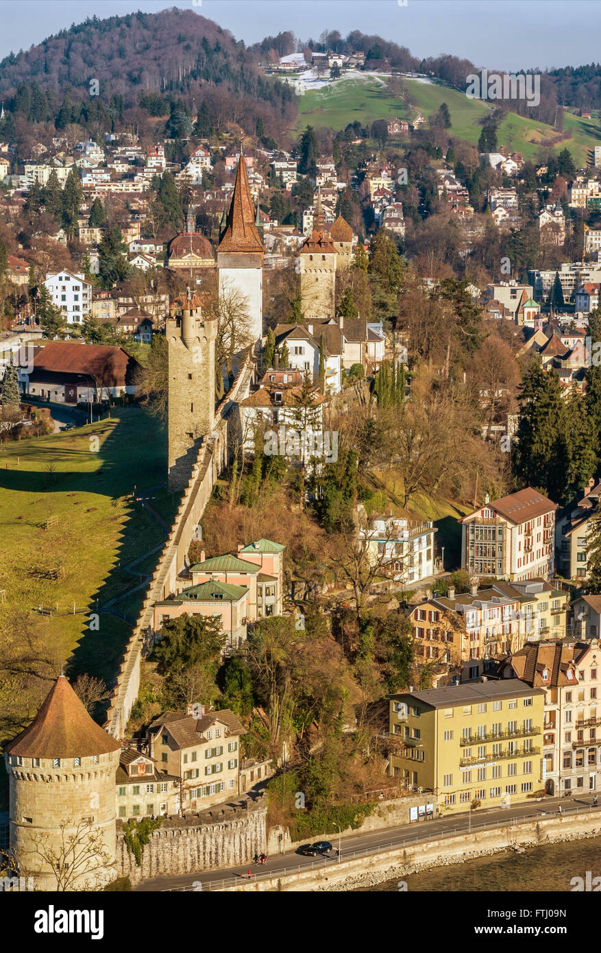View over the historic Musegg Wall, Lucerne, Central Switzerland Stock Photo
