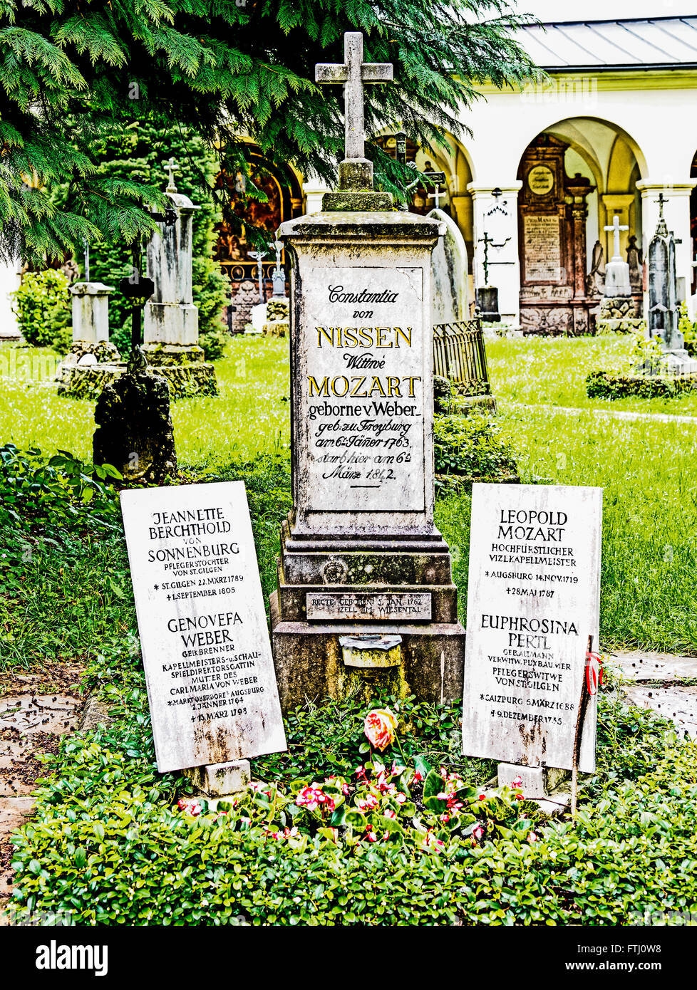 Grave of Constanze and Leopold Mozart, wife and father of Wolfgang Amadeus Mozart on the St. Sebastian churchyard, Salzburg, Stock Photo