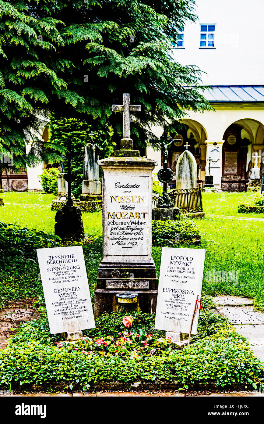 Grave of Constanze and Leopold Mozart, wife and father of Wolfgang Amadeus Mozart on the St. Sebastian churchyard, Salzburg, Stock Photo