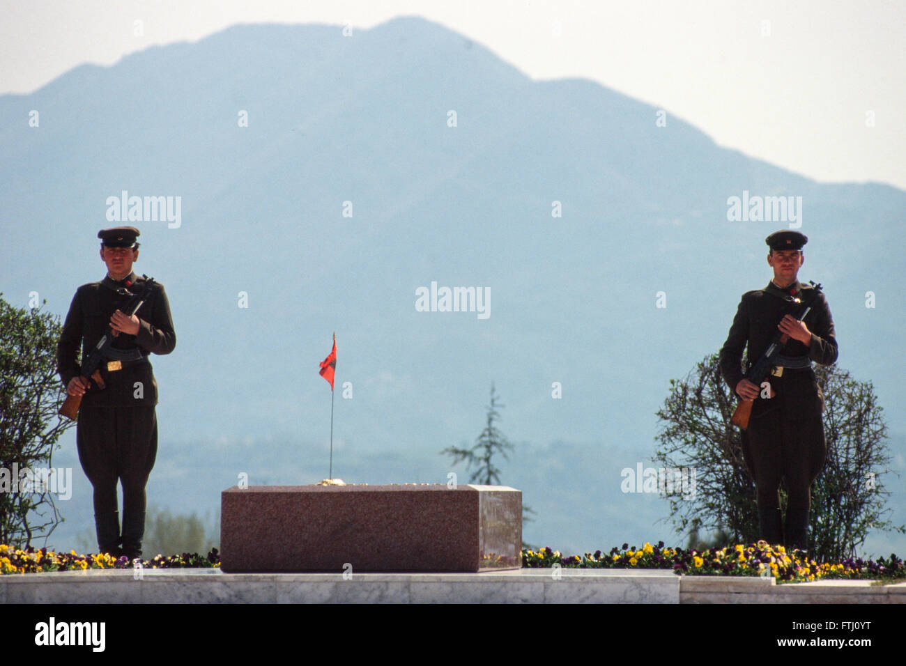 Albania Soldiers standing guard at the Tirana Communist Party monument. The Stock Photo