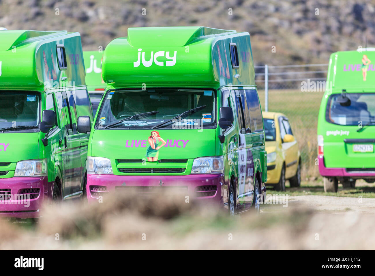 Jucy rental camper vans,at ZQN airport,Queenstown,Central Otago,South Island,New Zealand Stock Photo