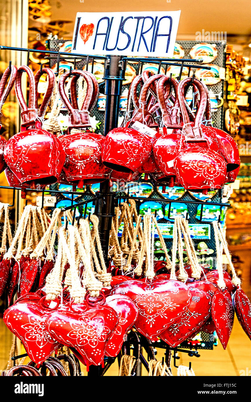 An austrian souvenirshop with cowbells on display Stock Photo