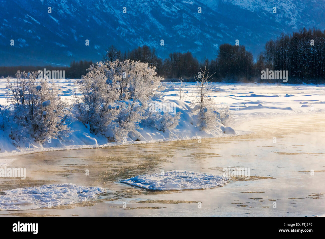 Landscape of river and forest covered with snow at sunset, Haines, Alaska, USA Stock Photo