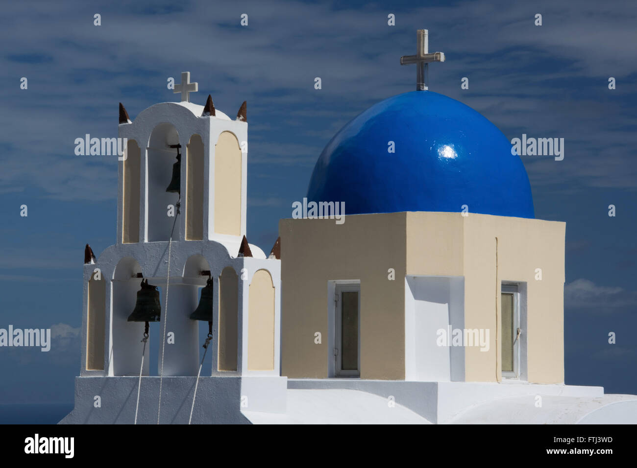 Fira is a village in the Cyclades. It is located on the main island Thira, or Thera, at Santorini, Greece Stock Photo