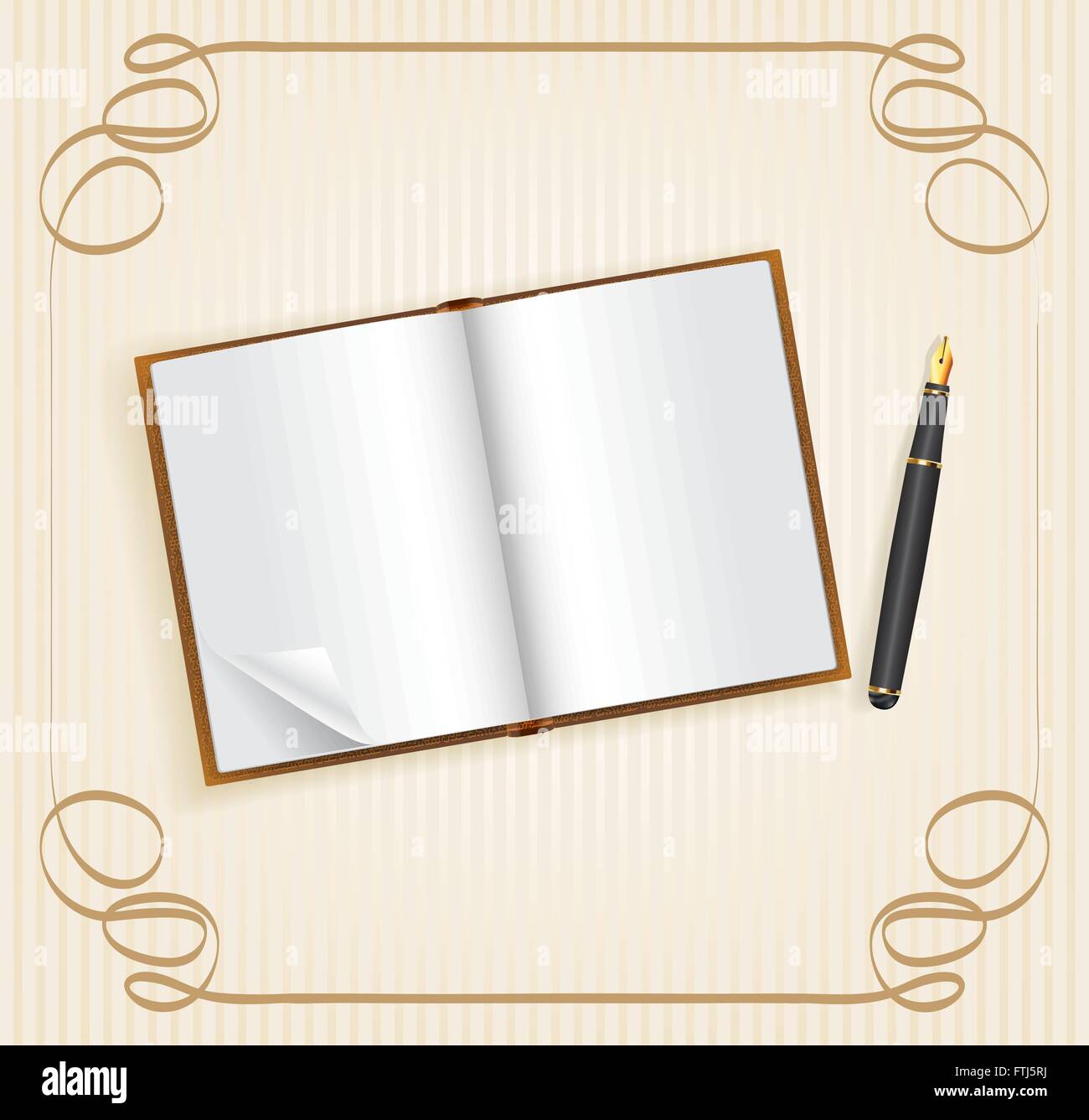 Open book with empty space for text, and pen, on vintage background with frame. Vector design template for notes, invitation Stock Vector