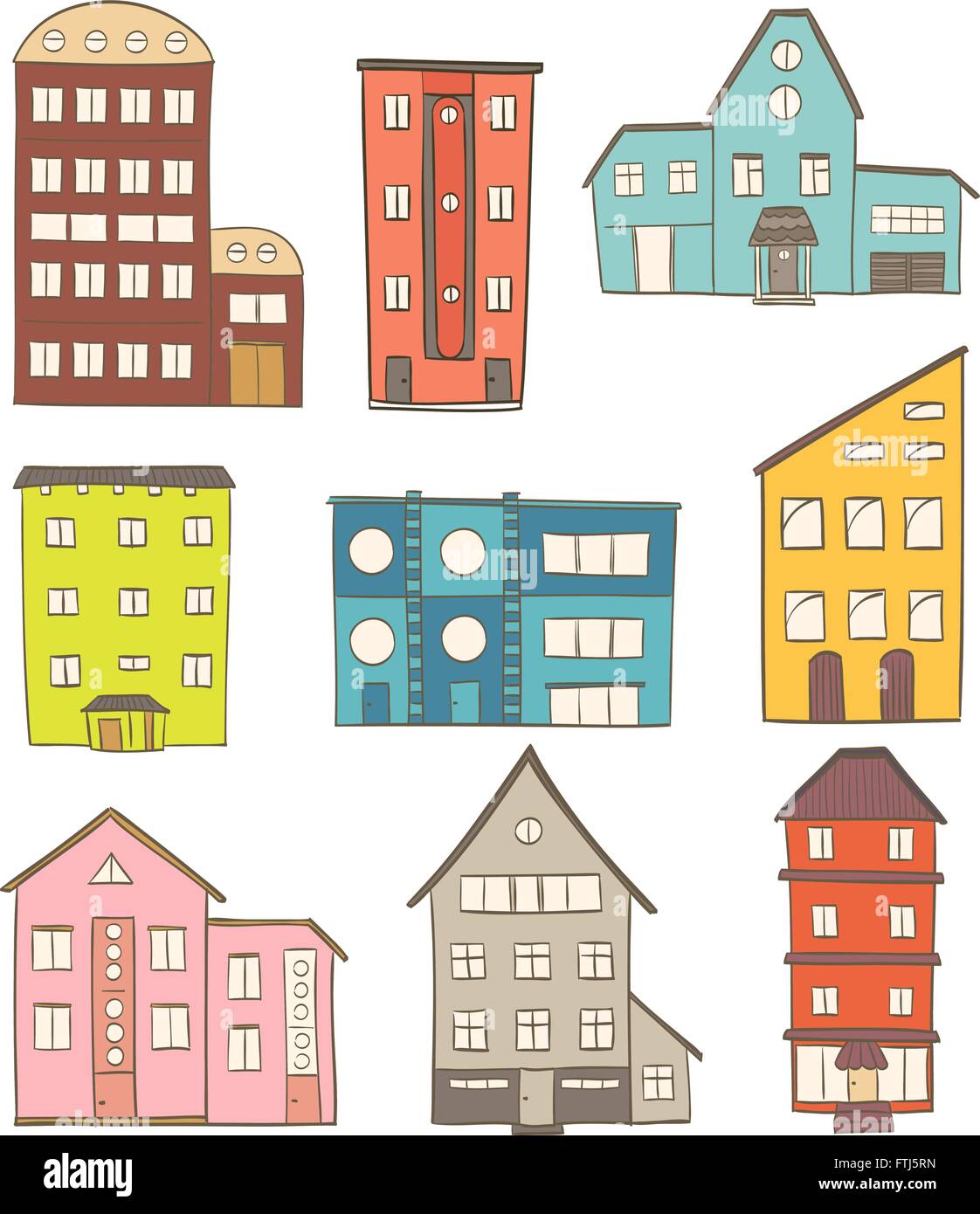 set of cartoon houses. vector drawing of retro and modern buildings on white Stock Vector