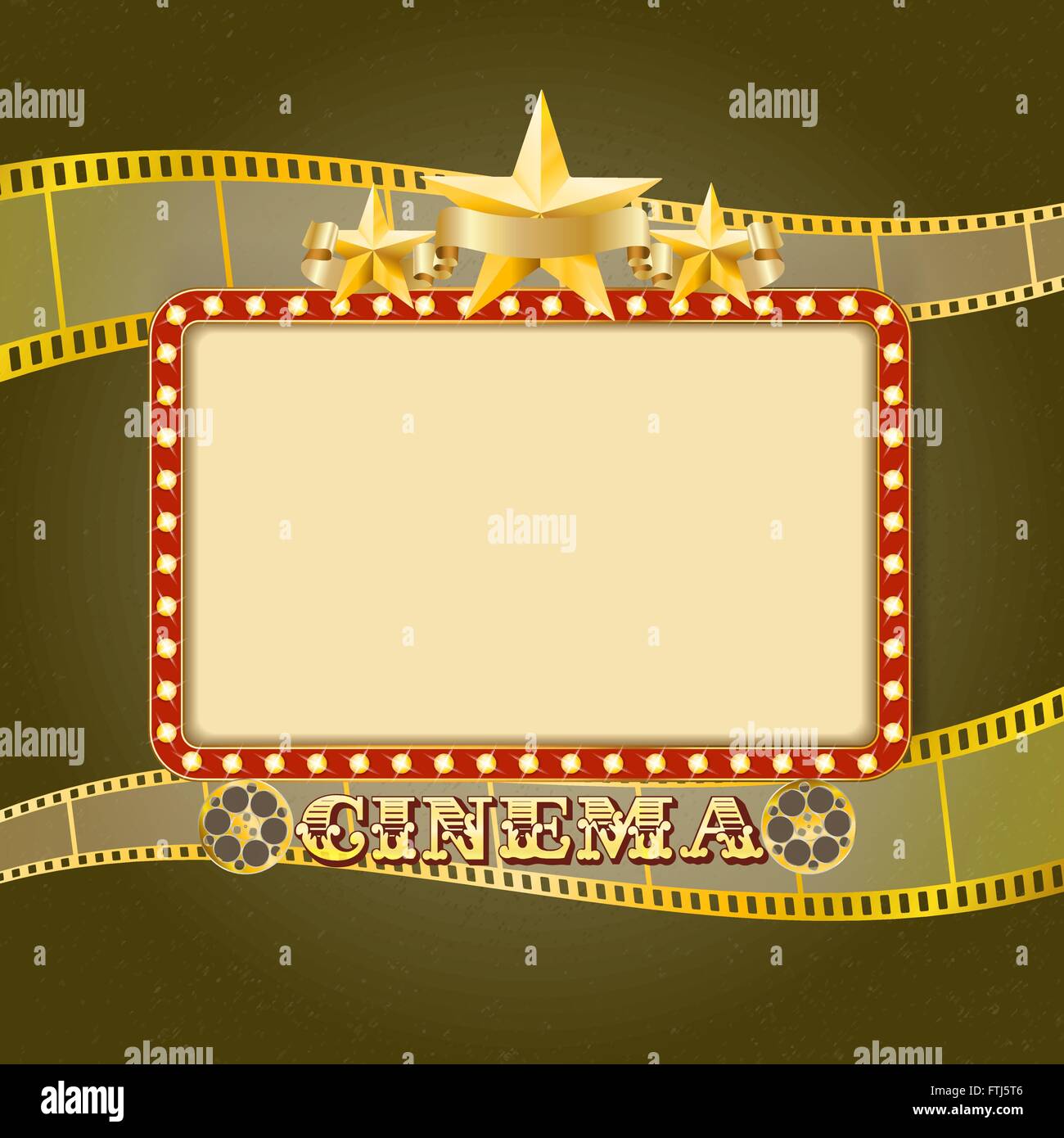 Shining light cinema banner. Retro cinema frame with lights, stars, ribbon, reels, filmstrip. Vector template for Your design Stock Vector
