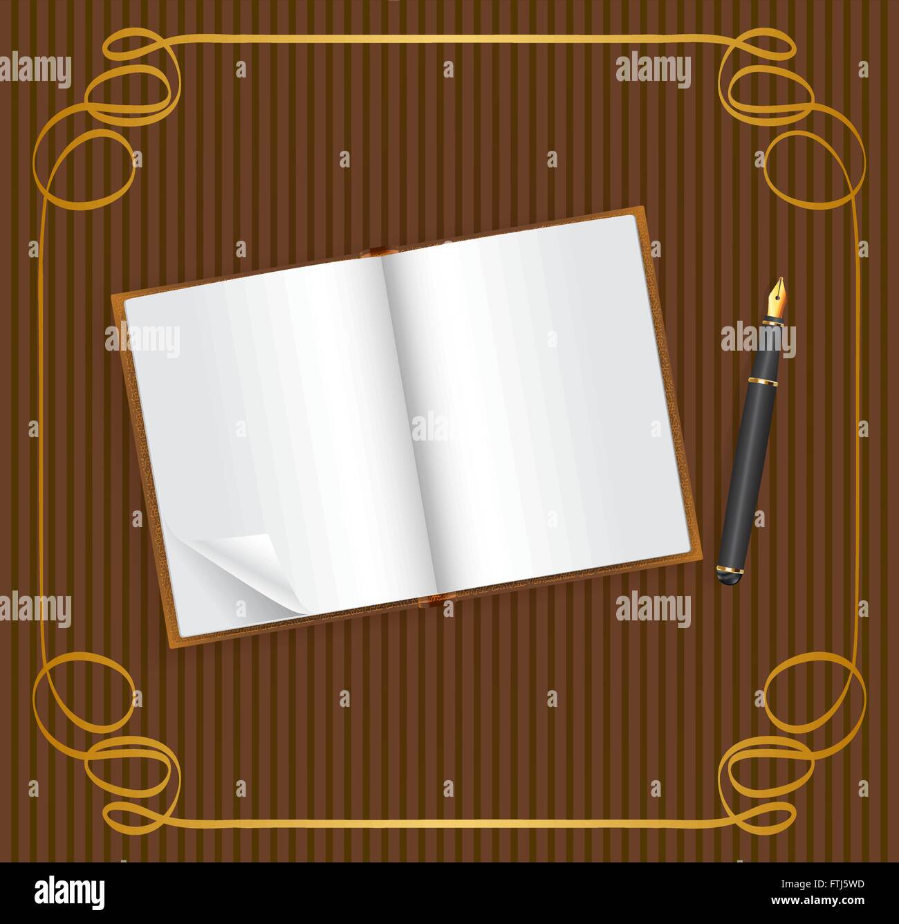 Open book with empty space for text, and pen, on vintage brown background with golden frame Stock Vector