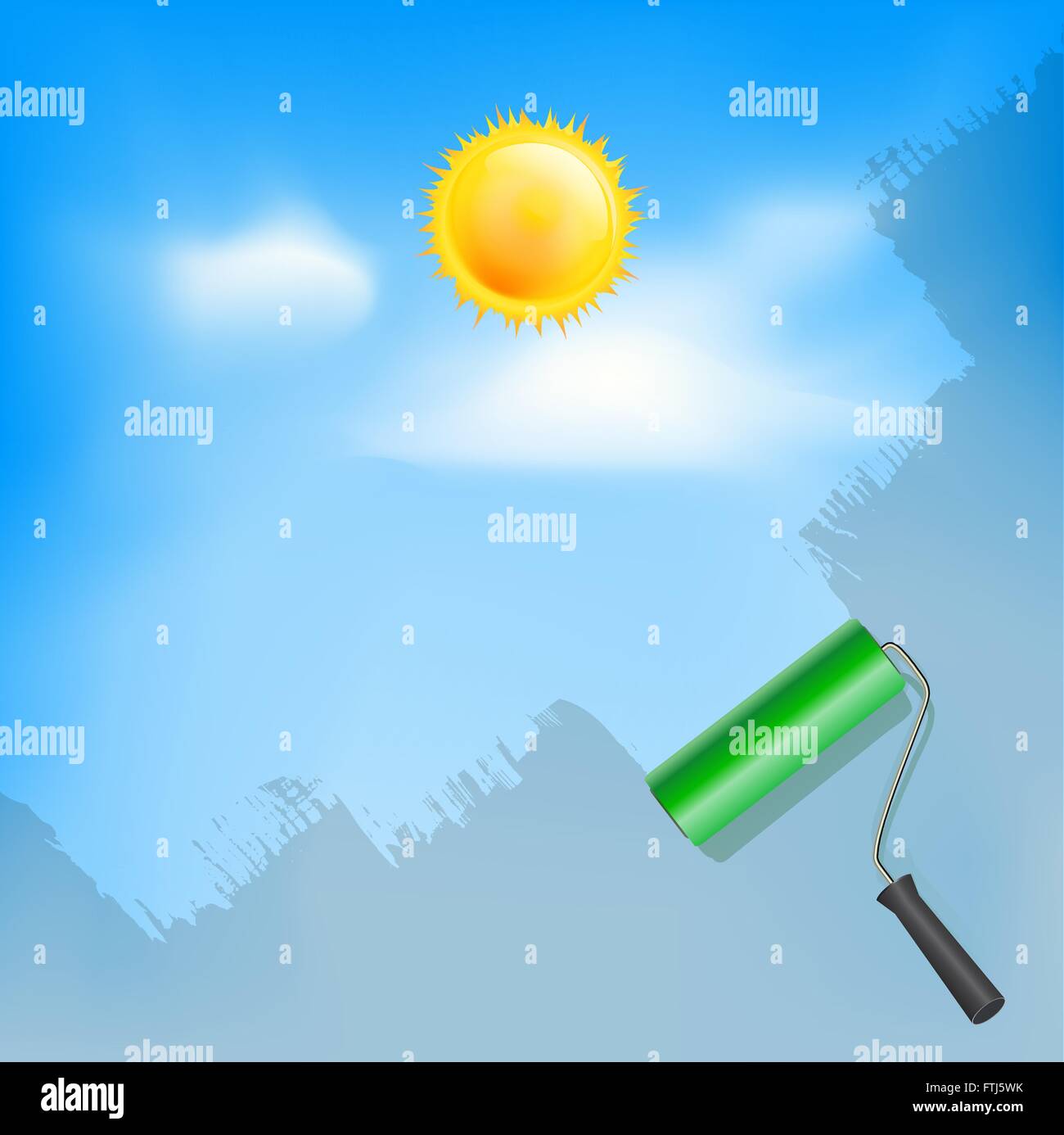 Roller brush painting blue sky with sun and clouds. Vector Stock Vector