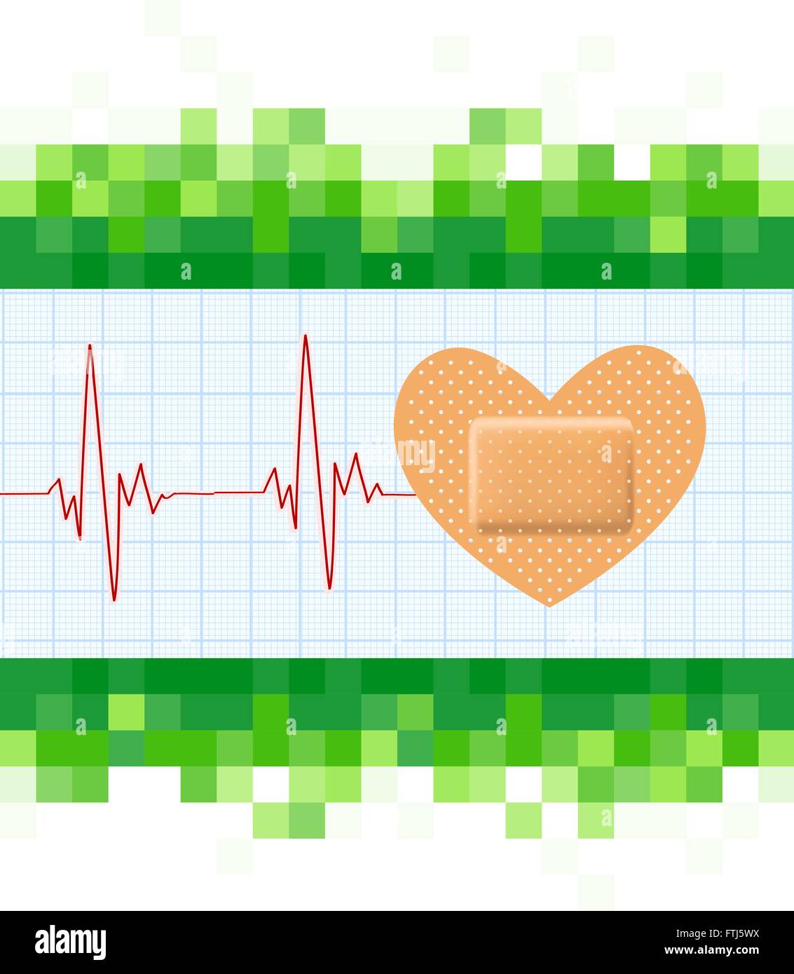 Heart shape medical plaster and cardiogram on mosaic green background. Conceptual healthcare illustration with heart adhesive ba Stock Vector