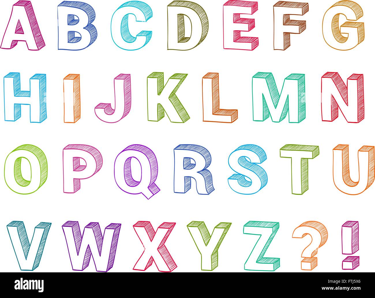 Alphabet set 3d form hand drawn vector. Sketch font for school abc learning or graphic design. Capital letters Stock Vector
