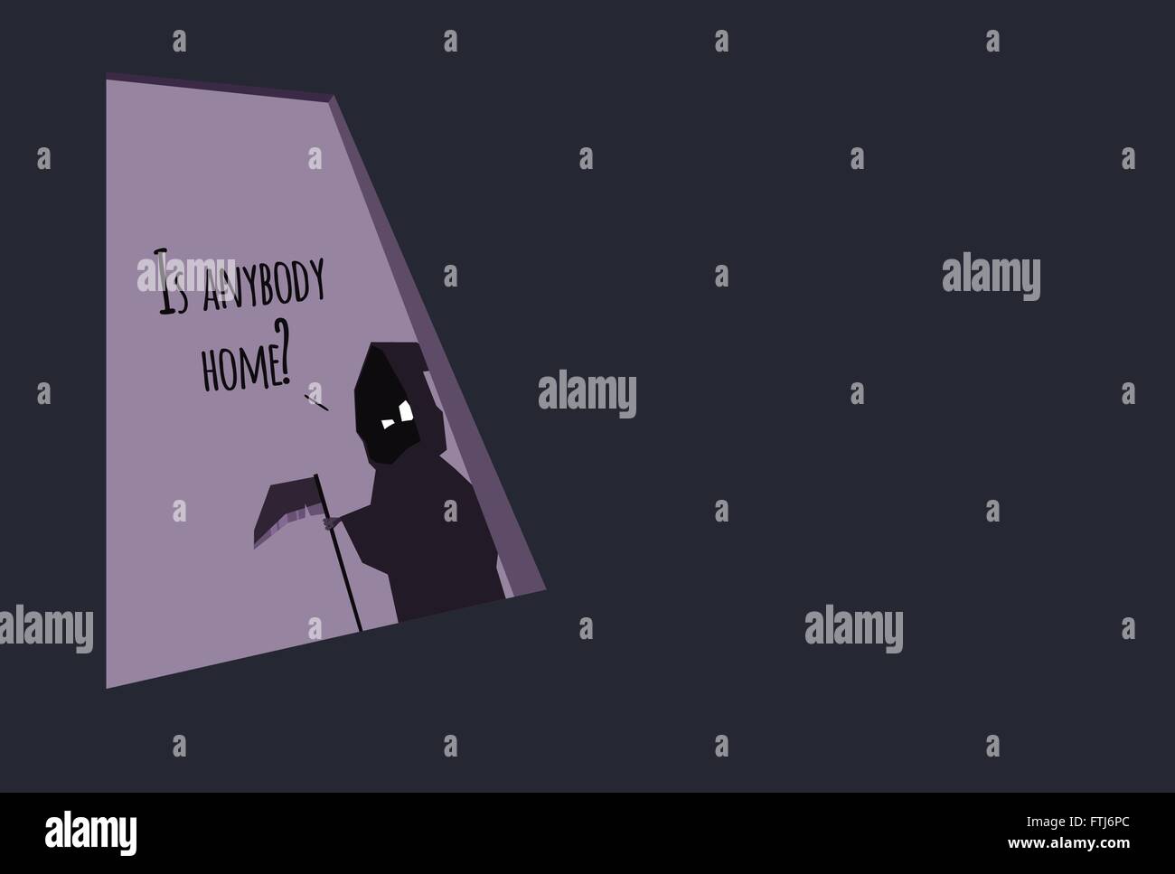 Cartoon Grim Reaper standing in doorway and asking 'Is anybody home?' Stock Vector