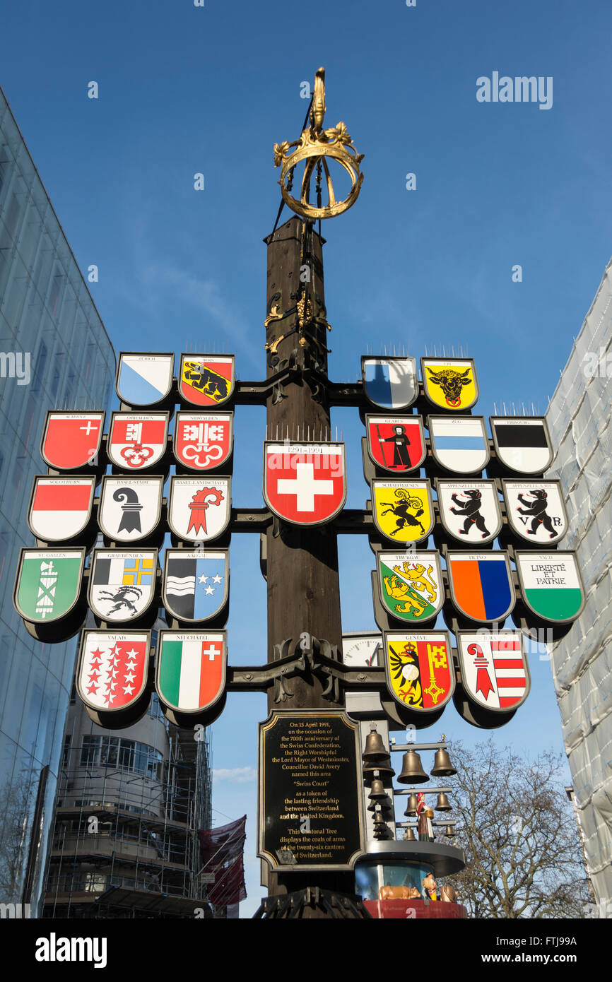 Coats of arms outside the former Swiss Centre in London's Leicester Square, UK Stock Photo