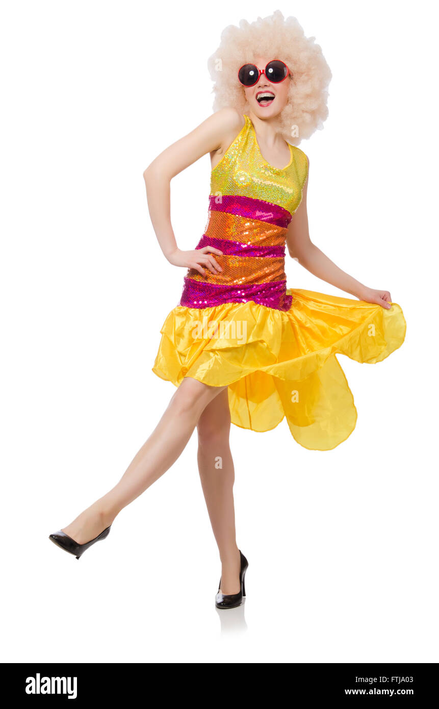 Woman in funny sparkling yellow dress isolated on white Stock Photo Alamy