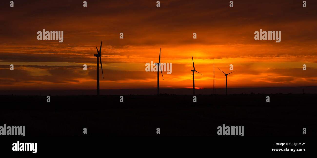 Bright Orange Sunrise Signal Peak Wind Turbines Washington Green Energy Stock Photo