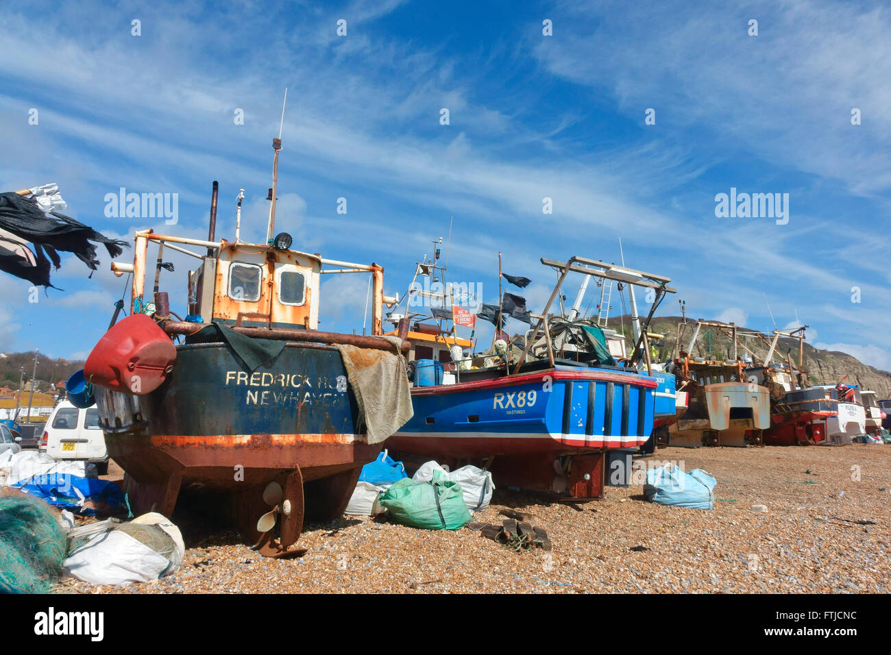 Fishing trawlers on Hastings Stade Fishermen's Beach, East Sussex, England, GB, UK Stock Photo