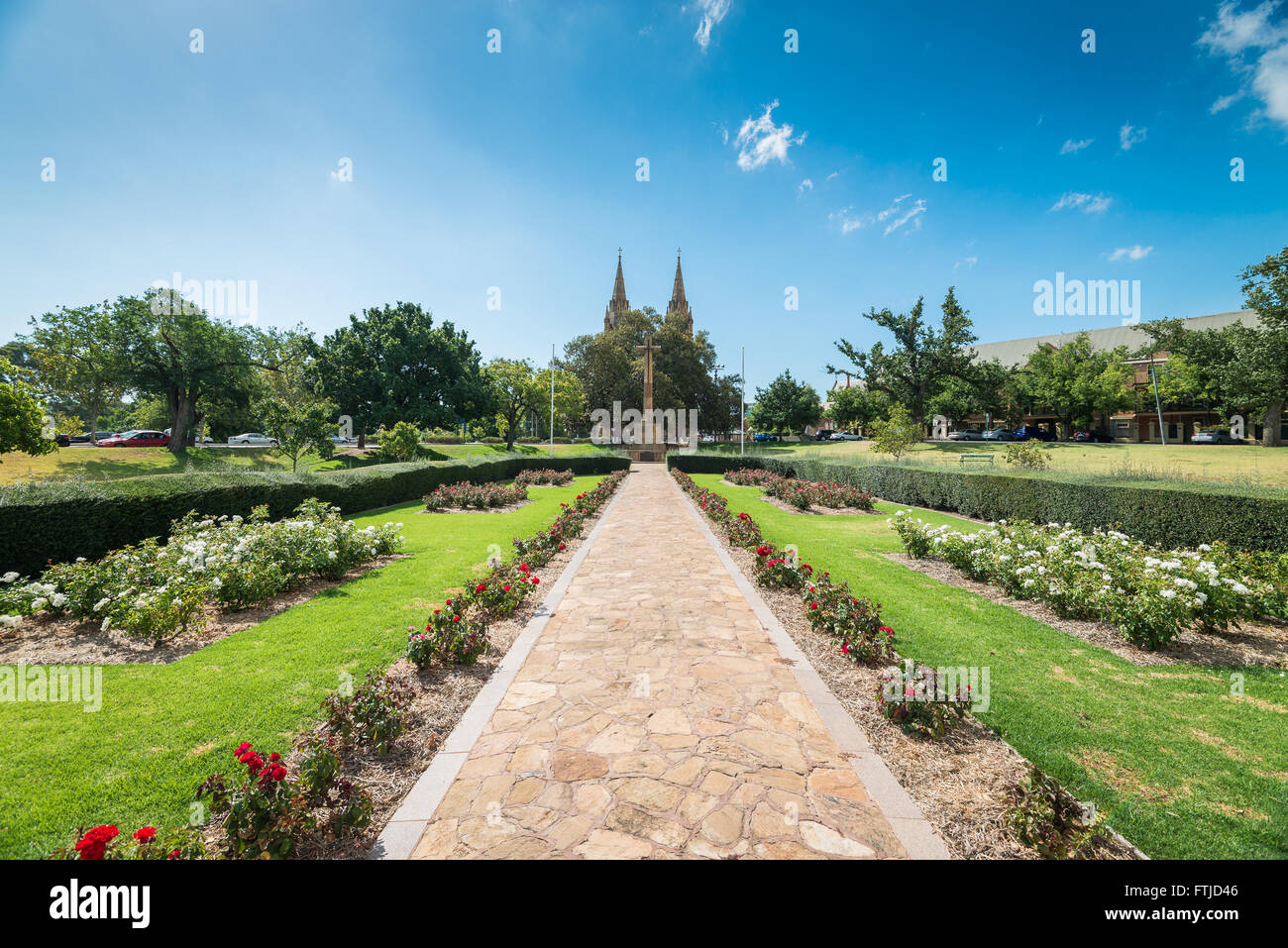 Adelaide, Australia - January 3, 2016: Cross of Sacrifice Memorial Gardens on a bright day. Stock Photo