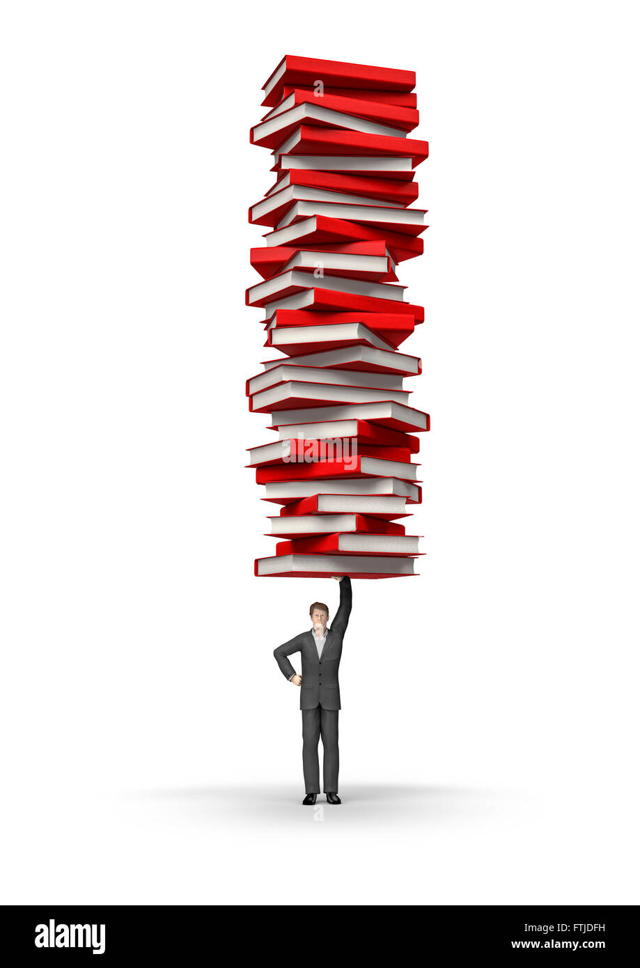 Balancing the books / 3D render of businessman figure supporting tower of books Stock Photo