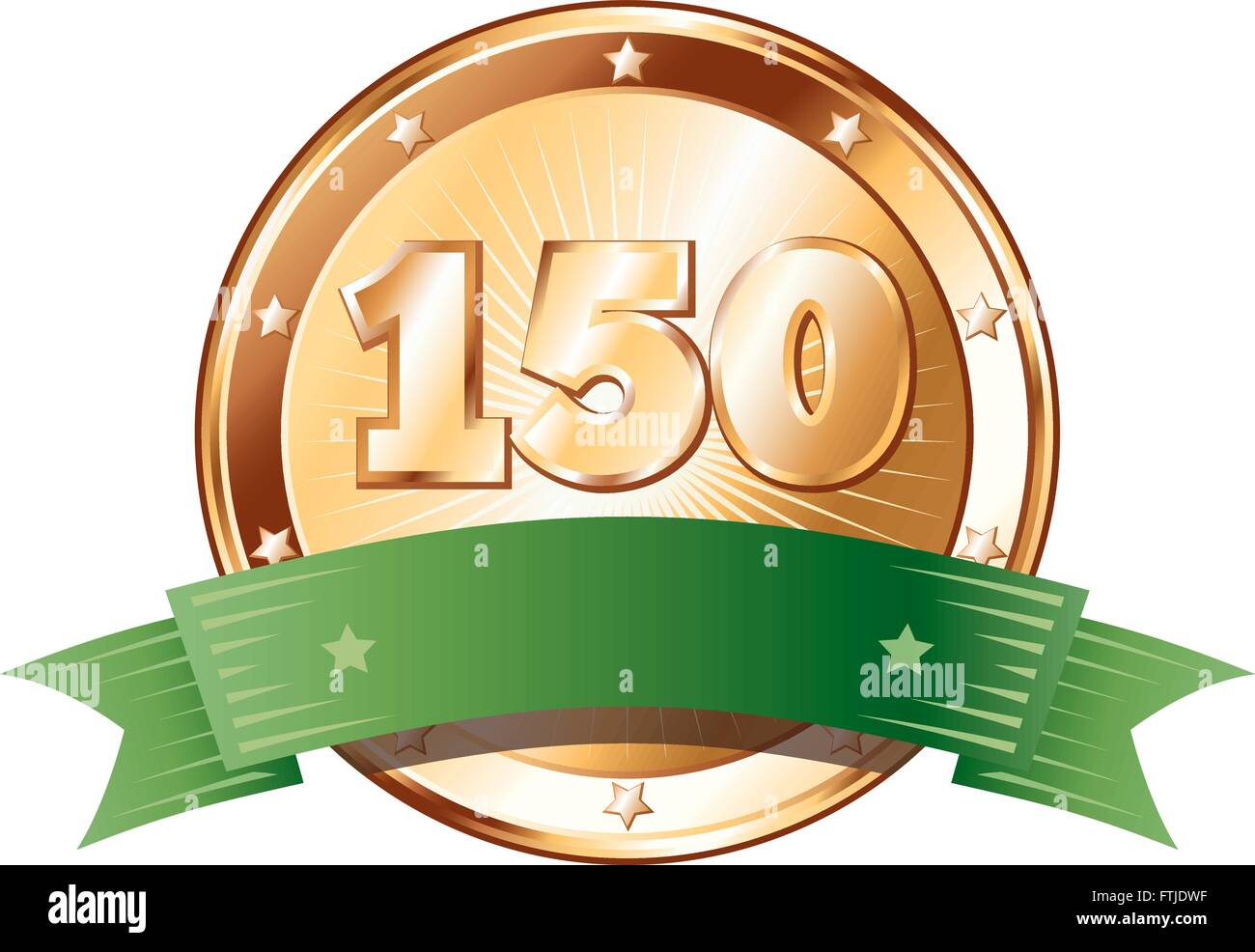 Round circle shaped metal badge / seal of approval in a bronze look with a green ribbon and the number one hundred fifty. Stock Vector